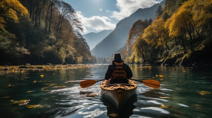 A man is kayaking on a lake among the mountains. - obrazy, fototapety, plakaty