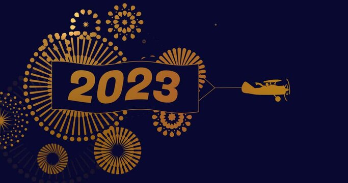 Blue animation of flying Biplane with banner 2023 Happy New Year and firework festivals