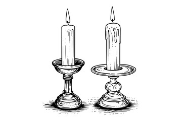Fototapeta premium Thick christmas candles burning. Hand drawn sketch engraving style vector illustration.