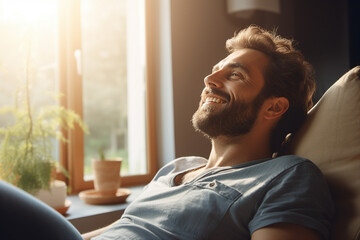Generative ai collage of happy guy rest relax on summer holiday chair