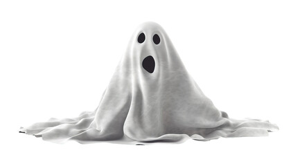 Ghost with a white sheet and eyes clipart on transparent background, Halloween concept