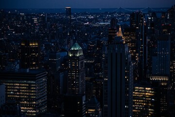 Aerial view of the illuminated New York City skyline at night
