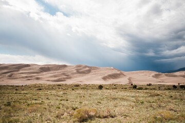 Scenic view of sand dunes next to a dry grassland under an overcast sky