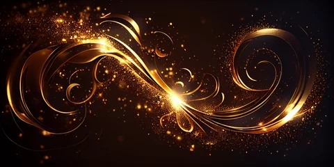 Fotobehang Abstract luxury swirling gold background with gold particle. Christmas Golden light shine particles bokeh on dark background. Gold foil texture, realistic, Ai generated image © TrendyImages