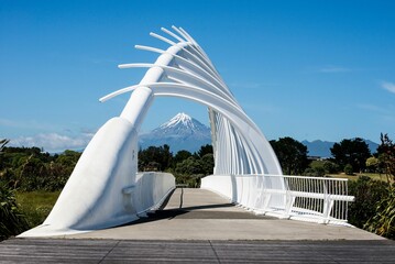 Whakarewa bridge in New Plymouth in New Zealand, snowy Mt Taranaki in background