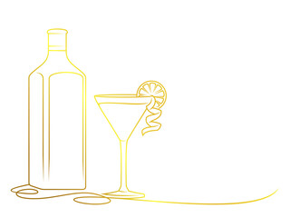 wine bottle and glass, line art style vector eps 10 illustration