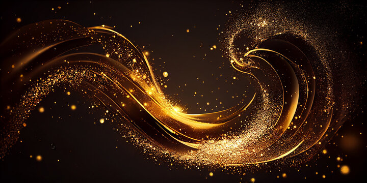 Abstract luxury swirling gold background with gold particle. Christmas Golden light shine particles bokeh on dark background. Gold foil texture, realistic, Ai generated image