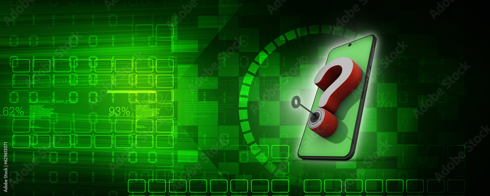 Poster 3d rendering key protected question mark in mobile phone