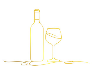 bottle and glass of wine, line art style vector eps 10 illustration