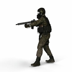 Realistic 3d rendering of a soldier with a gun and gasmask isolated on a white background.