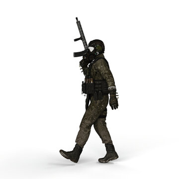 Realistic 3d render of a soldier wearing a gas mask and armed with a rifle on a white background