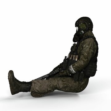 Realistic 3d render of a soldier wearing a gas mask and armed with a rifle on a white background
