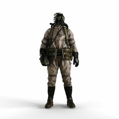 3d rendering of a person wearing a gas mask suit on a white background