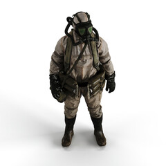 3d rendering of a person wearing a gas mask suit on a white background