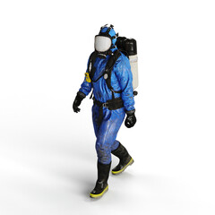 Naklejka premium A 3d rendering of a person wearing a blue gas suit walking on a white background