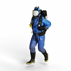 A 3d rendering of a person wearing a blue gas suit walking on a white background