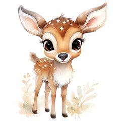 Cute adorable baby deer cartoon with big eyes, watercolor farm animal clipart