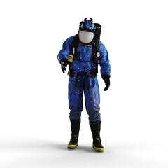 3d rendered of a person wearing a blue gas protective suit, standing on a white background