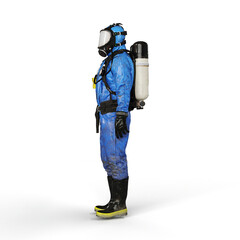 A 3d rendering of a person wearing a blue gas suit on a white background