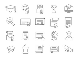 Diploma and certificate icons. A set of linear icons. Diploma. Certificate. Vector image.