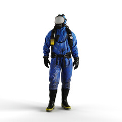 A 3d rendering of a person wearing a blue diving gear on a white background