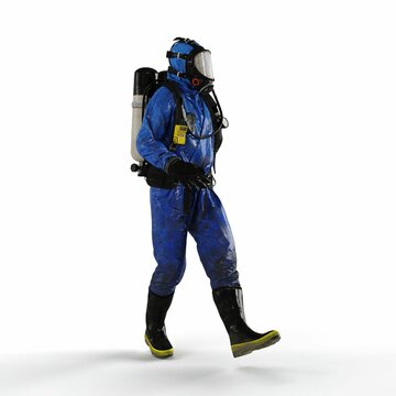 A 3d rendering of a person wearing a blue gas suit walking on a white background