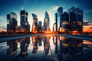 Obraz premium Sunset Financial Center Skyscraper City Skyline. AI technology generated image
