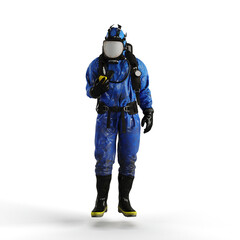 Man wearing a protective chemical suit against a white background - 3D render illustration