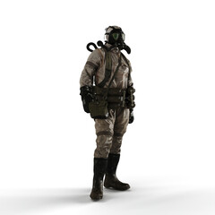 Man wearing a protective chemical suit against a white background - 3D render illustration