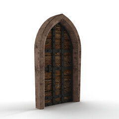 Wooden door with metal bars at its base on a white background - 3D render