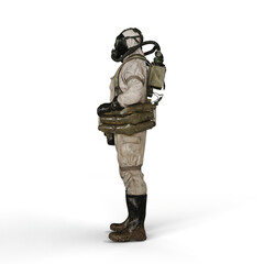 Man wearing a protective chemical suit against a white background - 3D render illustration