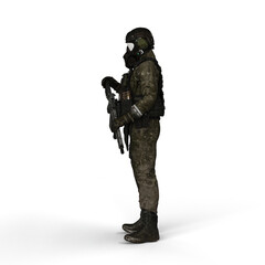 Man wearing a camouflage outfit and a gas mask, holding a rifle in his hand - 3D render