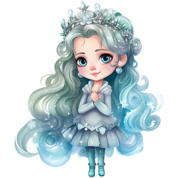 Cute little winter princess in a blue dress and crown, Watercolor illustration AI Generative