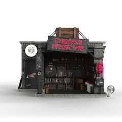 Antique Chinese apothecary store, featuring a timepiece at the apex of the roof - 3D render