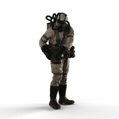 Man wearing a protective chemical suit against a white background - 3D render illustration