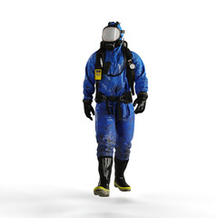 Man wearing a protective chemical suit against a white background - 3D render illustration