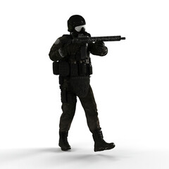 Man wearing a camouflage outfit and a gas mask, holding a rifle in his hand - 3D render
