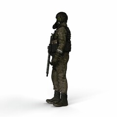 Man wearing a camouflage outfit and a gas mask, holding a rifle in his hand - 3D render