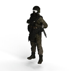 Man wearing a camouflage outfit and a gas mask, holding a rifle in his hand - 3D render