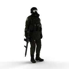 Man wearing a camouflage outfit and a gas mask, holding a rifle in his hand - 3D render