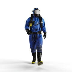 Fototapeta premium Man wearing a protective chemical suit against a white background - 3D render illustration