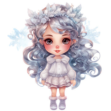 Cute little winter princess in a blue dress and crown, Watercolor illustration AI Generative