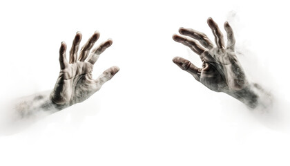 Ghostly hands reaching out from the ground, trying to escape the spirit world, Halloween ghost hands, spectral touch, haunted hands, ethereal fingers, Halloween concept - obrazy, fototapety, plakaty