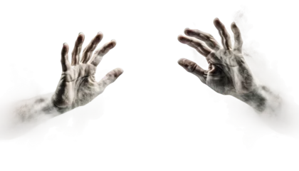 Fotobehang Ghostly hands reaching out from the ground, trying to escape the spirit world, Halloween ghost hands, spectral touch, haunted hands, ethereal fingers, Halloween concept © gfx_nazim