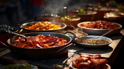 Photo of a colorful and diverse spread of food on a table created with Generative AI technology