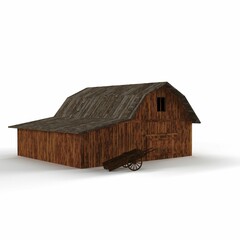 3D rendered scale model of an old barn with a wooden cart
