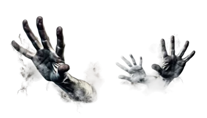 Fototapeten Ghostly hands reaching out from the ground, trying to escape the spirit world, Halloween ghost hands, spectral touch, haunted hands, ethereal fingers, Halloween concept © gfx_nazim