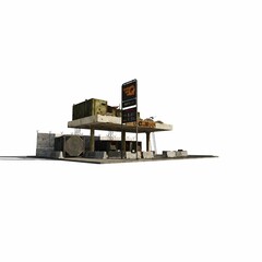 3D rendered scale model of an abandoned self serve gas station