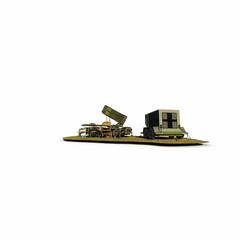 3D rendered scale model of a military generator trailer next to chairs and a table