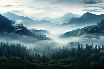 Obraz premium Forests and mountains with clouds and mist in the early morning. AI technology generated image
